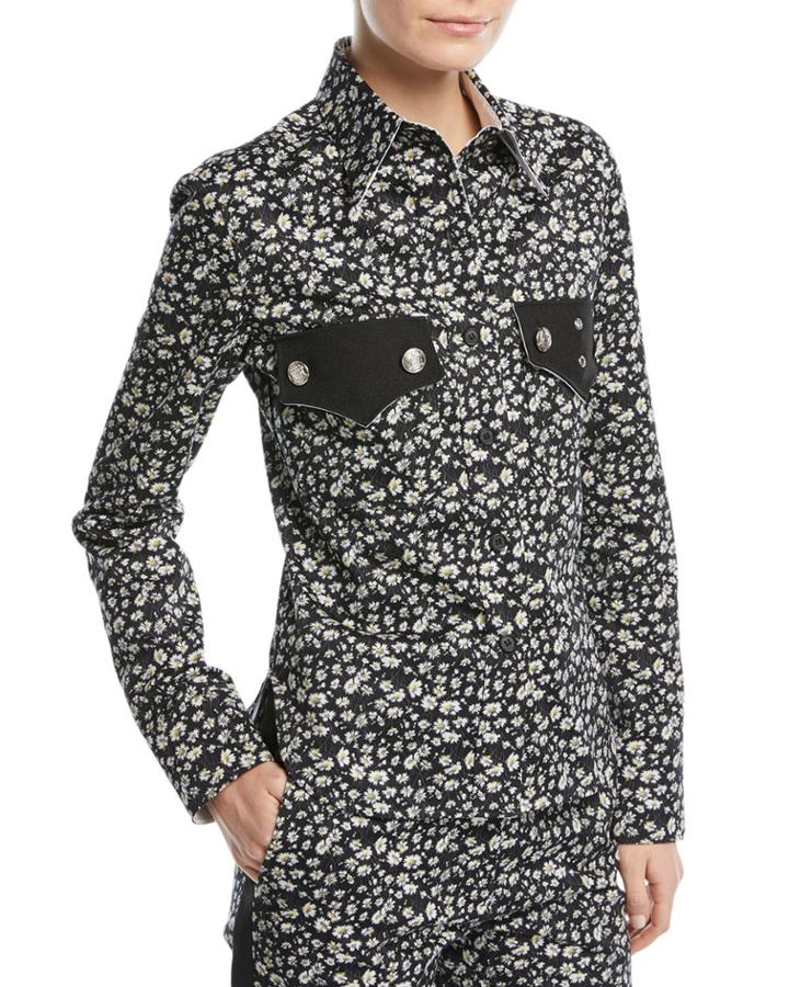 Daisy-print Long-sleeve Button-front Top