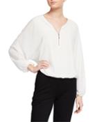Long Sleeve Pull Zip Gathered Blouse