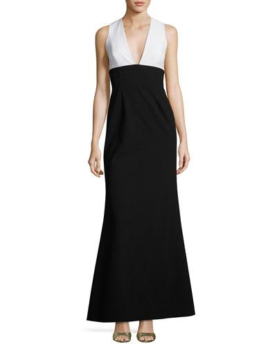 Sleeveless Two-tone Crepe Gown, White/black