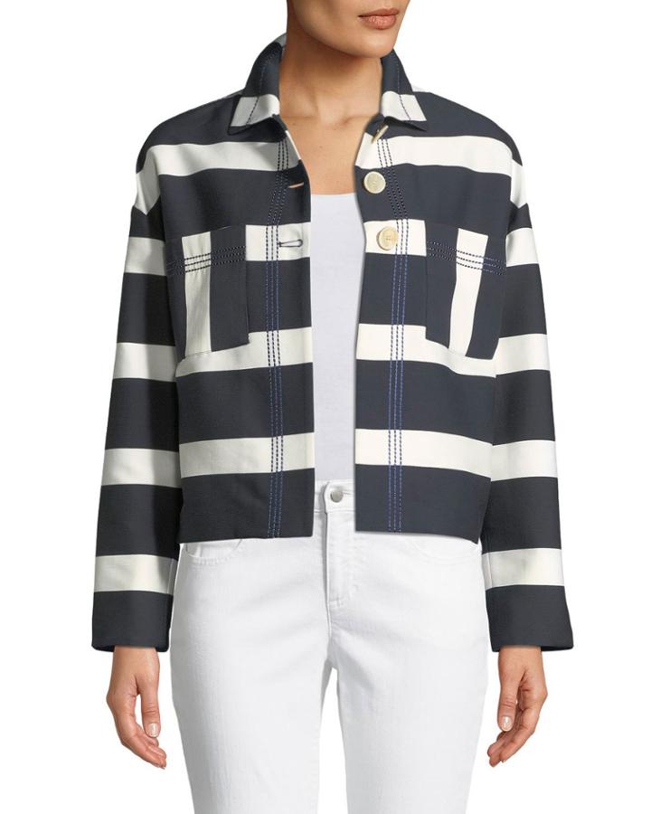 Block-stripe Sateen Crop Jacket W/ Topstitching
