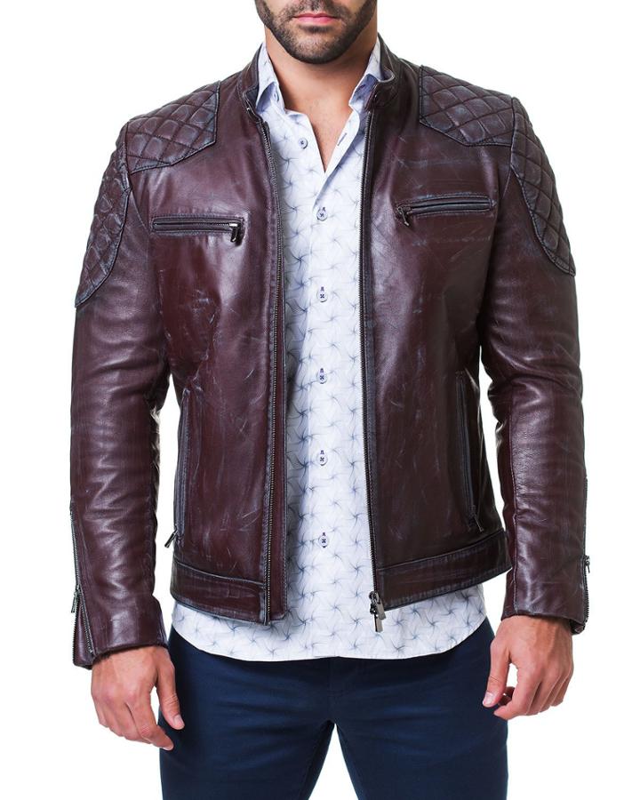 Men's Leather Quilted Jacket, Burgundy