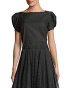 Boat-neck Embellished Pouf-sleeve Cotton Poplin Top