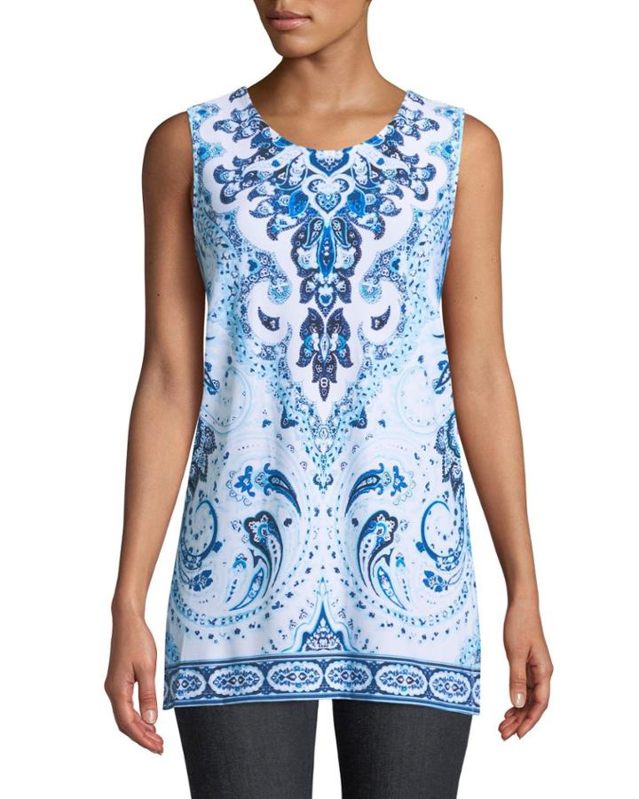 Sleeveless Tile-print Side-slit Tunic
