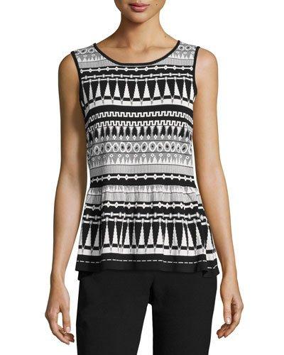 Printed Knit Peplum Blouse, Black/white