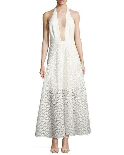 Carlie Floral Halter Evening Gown, White