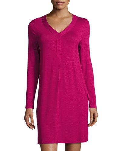 Long-sleeve Stretch-knit Shift Dress, Wine