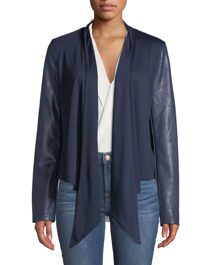 Drape-front Faux Leather-sleeve Jacket