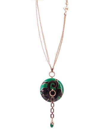 18k Rose Gold Round Enamel Pendant Necklace W/ Diamonds, Green/black