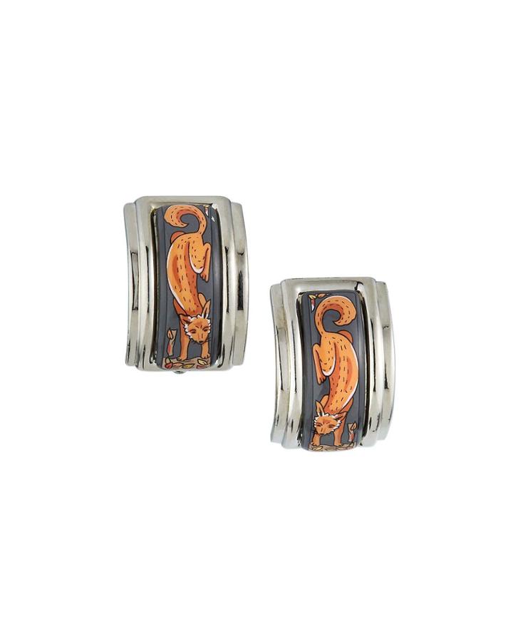 Estate Fox Enamel Earrings, Gray/silver