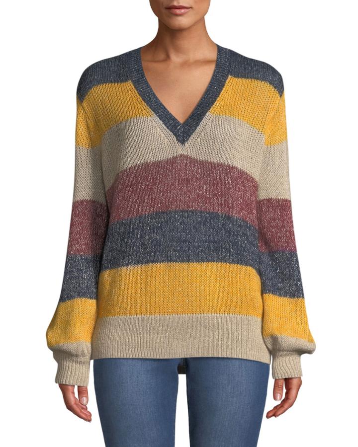 Striped Metallic Mohair V-neck