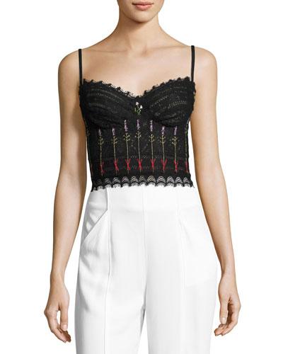 Floral-embroidered Lace Bustier, Black