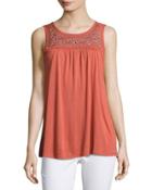 Embroidered-yoke Jersey Tank, Brown