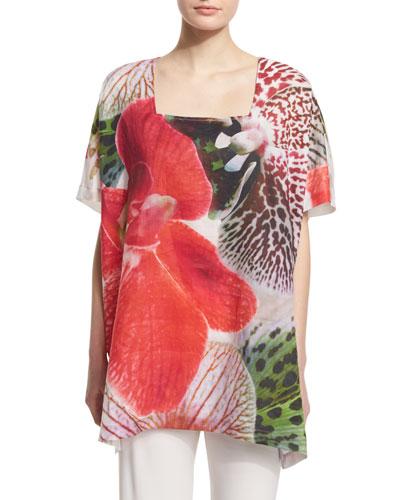 Short-sleeve Tropical Orchid-print Caftan
