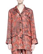 Long-sleeve Metallic-print Pajama-inspired Top, Fire Red