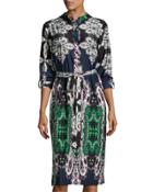 Boho-print Belted Shirtdress, Thistle