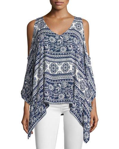 Printed Cold-shoulder V-neck Tunic, Blue/white
