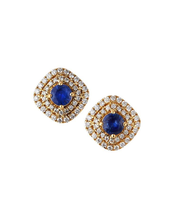 Estate 18k Yellow Gold Diamond And Blue Sapphire Earrings