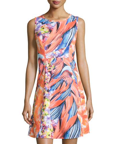 Floral Sleeveless Fit-&-flare Dress, Coral/multi
