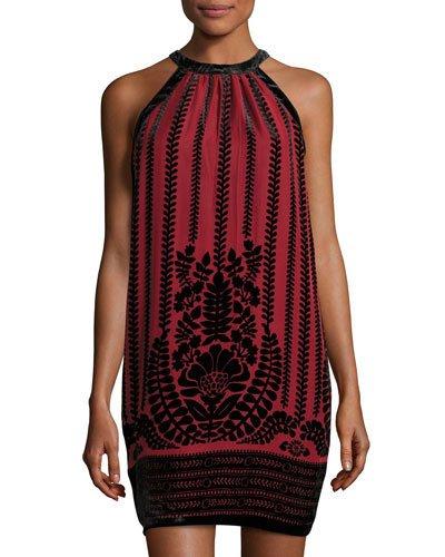 Halter-neck Flocked Shift Dress, Red/black