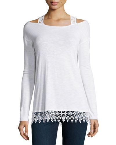 Lightweight Lace-trim Cold-shoulder Tee, White