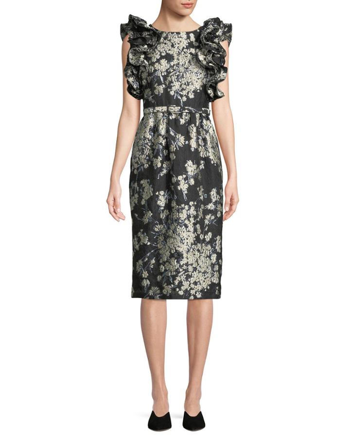 Ruffled Sleeveless Metallic Floral-brocade Cocktail Dress W/