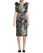 Ruffled Sleeveless Metallic Floral-brocade Cocktail Dress W/