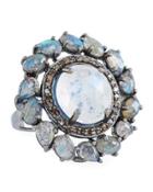 Round Moonstone, Labradorite & Diamond Ring