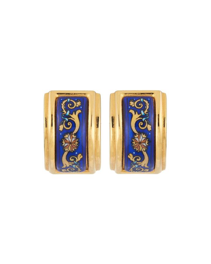 Estate Enamel Earrings, Blue/gold
