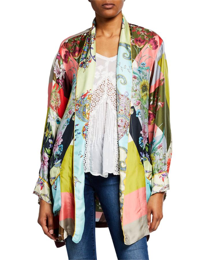 Plus Size Flower Block Long-sleeve Silk Kimono Robe
