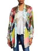 Plus Size Flower Block Long-sleeve Silk Kimono Robe
