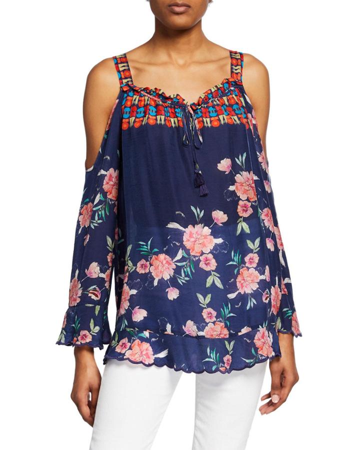 Plus Size Oceane Printed Cold-shoulder Long-sleeve Blouse