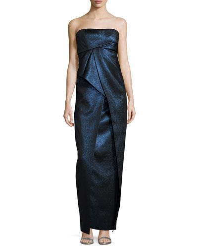 Strapless Pleated Metallic Gown, Ciel Gelee