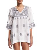 Andronis Half-sleeve Embroidered Tunic Coverup, White/frost