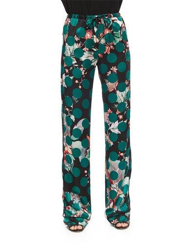 Printed Silk Pajama Pants, Green