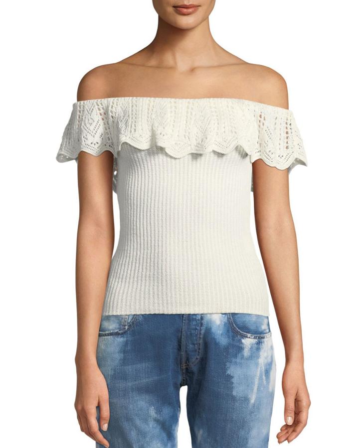 Off-the-shoulder Crochet Ruffle Knit Top