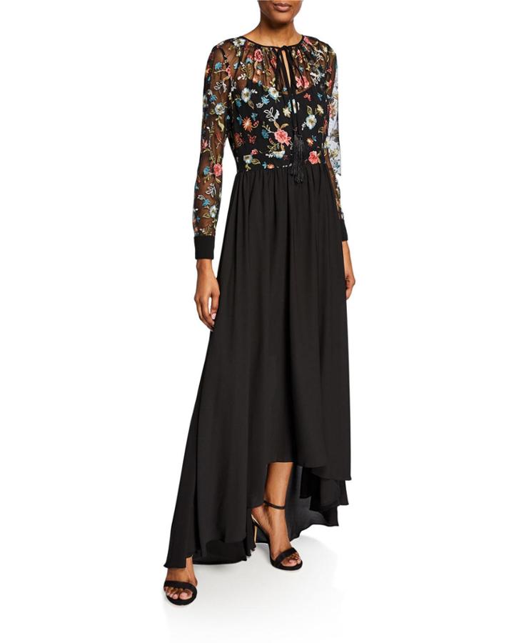 Floral-embroidered Pleated Illusion Gown