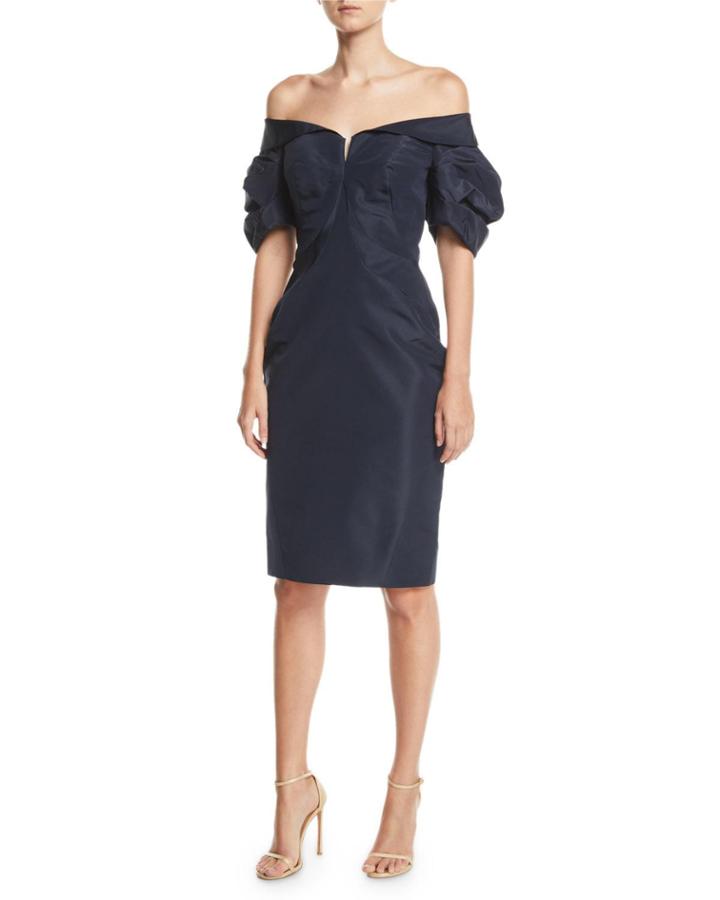 Off-the-shoulder Gathered-sleeve Cocktail Dress