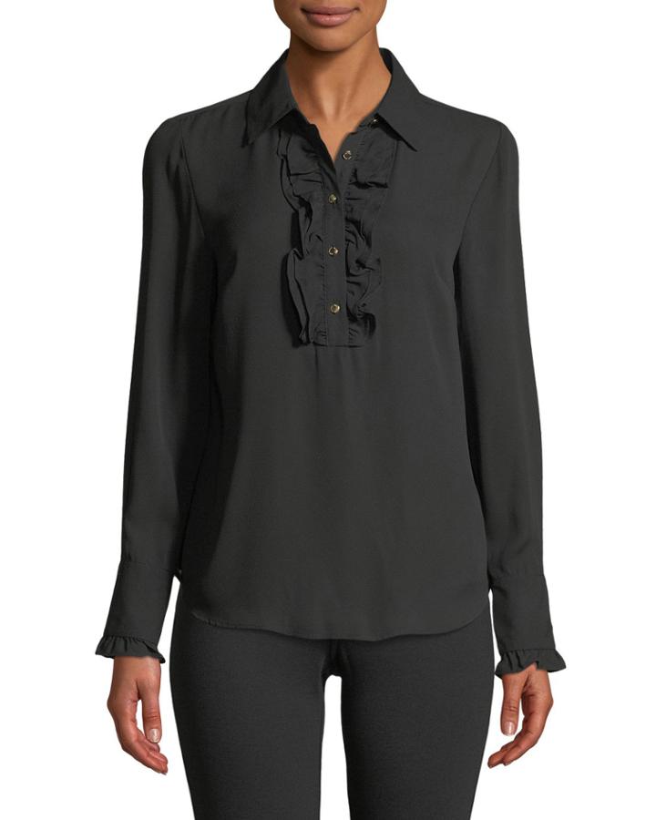 Ruffle-trimmed Button-front Blouse