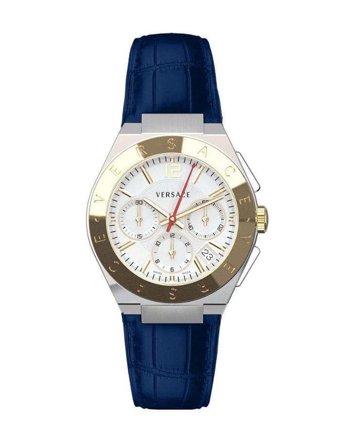 Men's 41mm Landmark Chronograph Watch W/ Leather Strap, White/blue