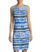 Sleeveless Printed Linen-blend Dress, White/royal/indigo