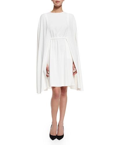 Jewel-neck Crepe Cape Dress, Ivory