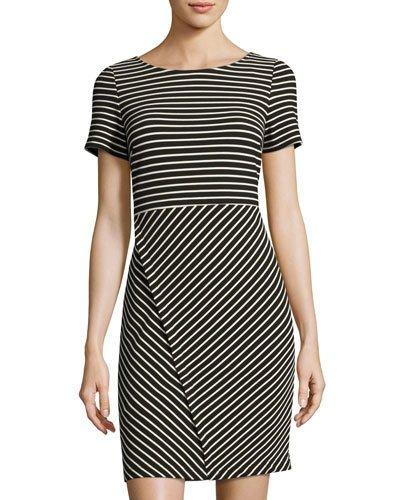 Ottoman Striped Sheath Dress, Black/white