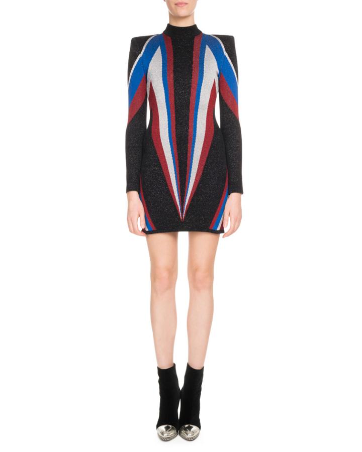 Mock-neck Long-sleeve Multicolor Flash-knit Cocktail Dress