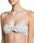 Tie-front Bandeau Bikini Top, Blue Pattern