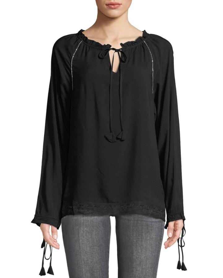 Beaded-seam Tie-neck Peasant Blouse