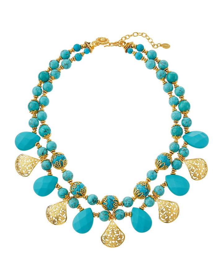 Two-strand Turquoise And Gold-plated Filigree Necklace