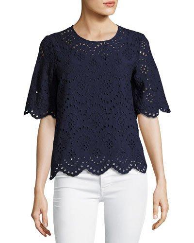 Round-neck Half-sleeve Eyelet Top