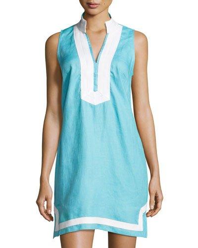 Contrast-trim Linen Tunic Dress, Blue