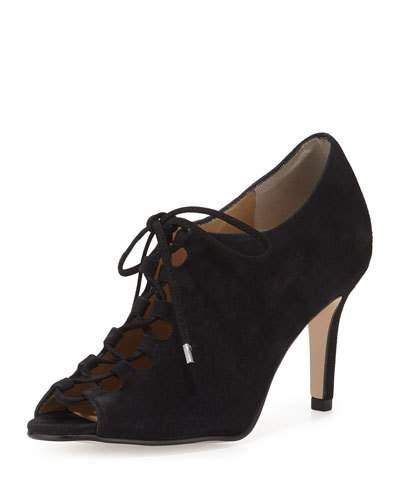 Premila Suede Lace-up Peep-toe Bootie, Black