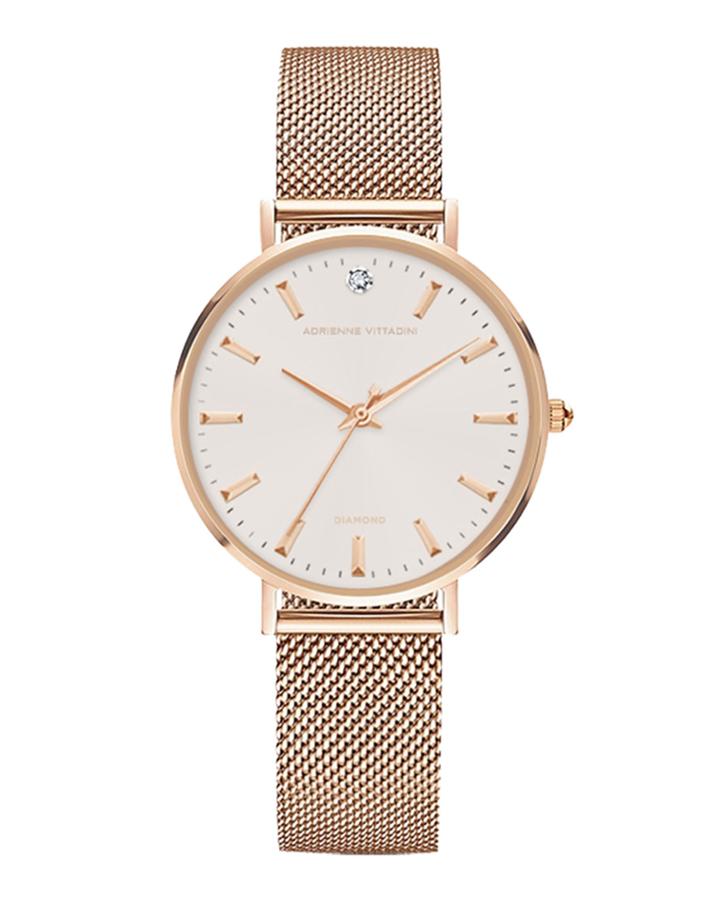 34mm Crystal Watch W/ Mesh Bracelet, Rose Gold